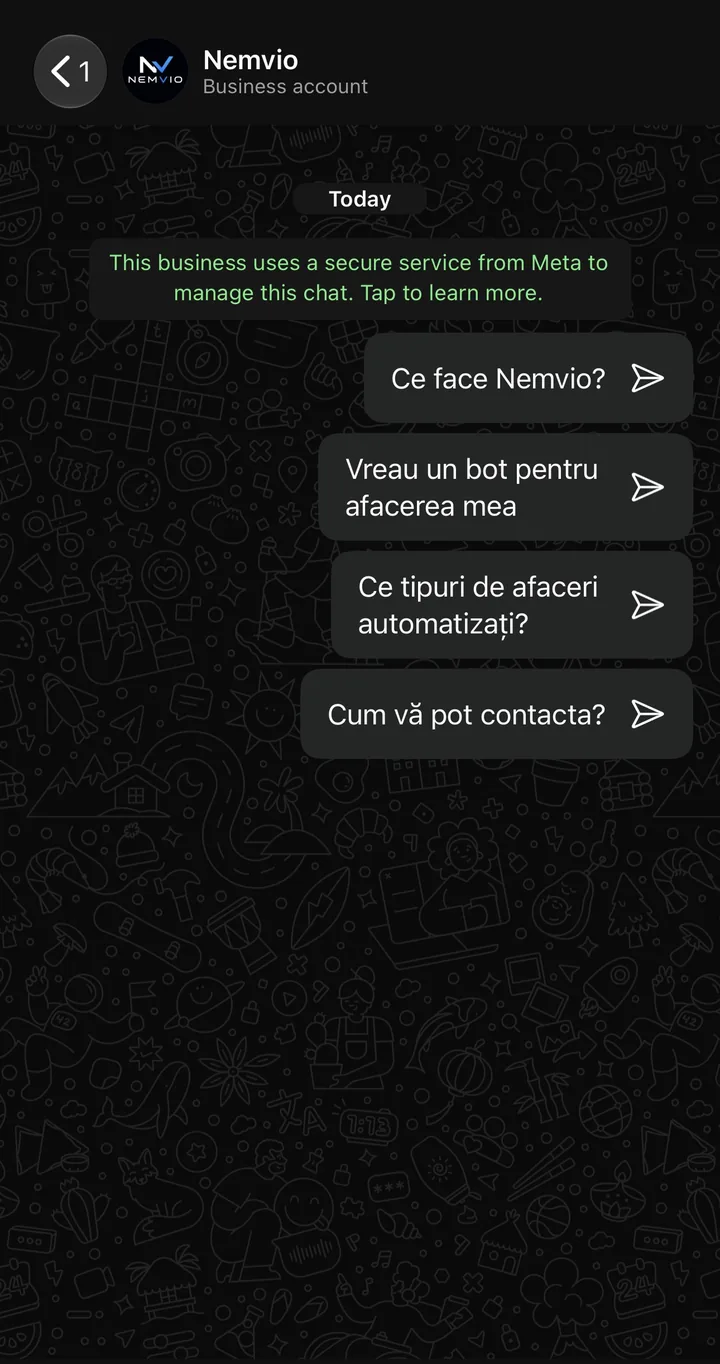 Ecranul WhatsApp la deschiderea conversației cu Nemvio, fără niciun mesaj trimis încă. Patru butoane cu întrebări rapide: Ce face Nemvio?, Vreau un bot pentru afacerea mea, Ce tipuri de afaceri automatizați?, Cum vă pot contacta?