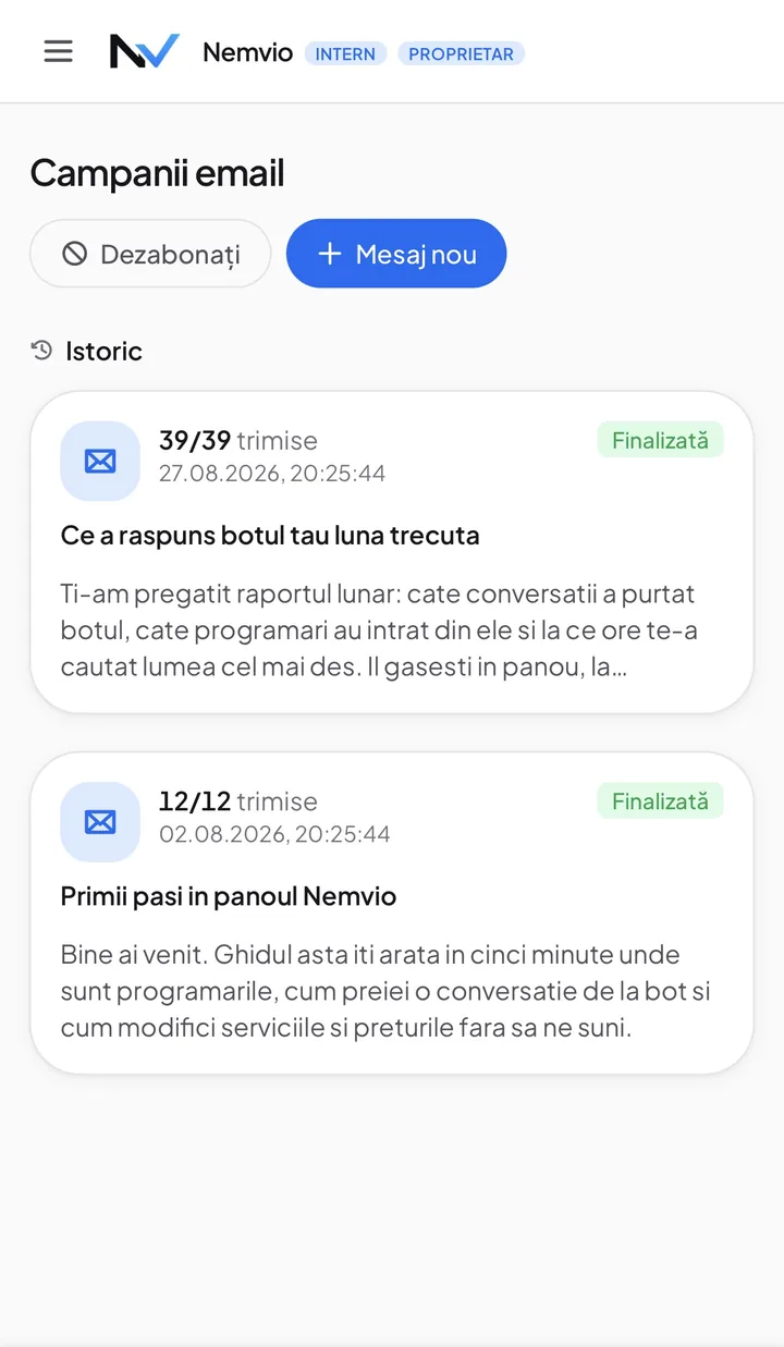 Pagina Campanii email din panoul Nemvio. În istoric, o campanie 39 din 39 trimise, marcată Finalizată, cu subiectul „Ce a răspuns botul tău luna trecută", și una de 12 din 12 cu subiectul „Primii pași în panoul Nemvio".
