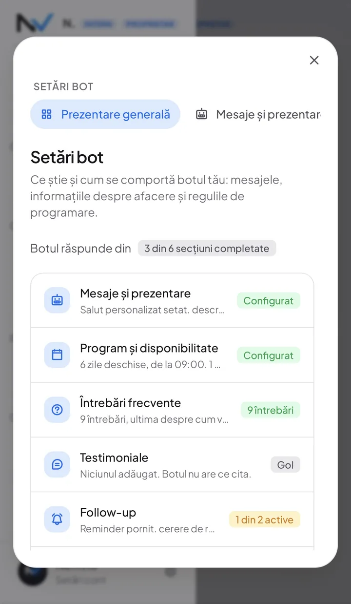 Fereastra Setări bot din panoul Nemvio, cu insigna „3 din 6 secțiuni completate". Lista arată Mesaje și prezentare (configurat), Program și disponibilitate (configurat), Întrebări frecvente (9 întrebări), Testimoniale (gol) și Follow-up (1 din 2 active).